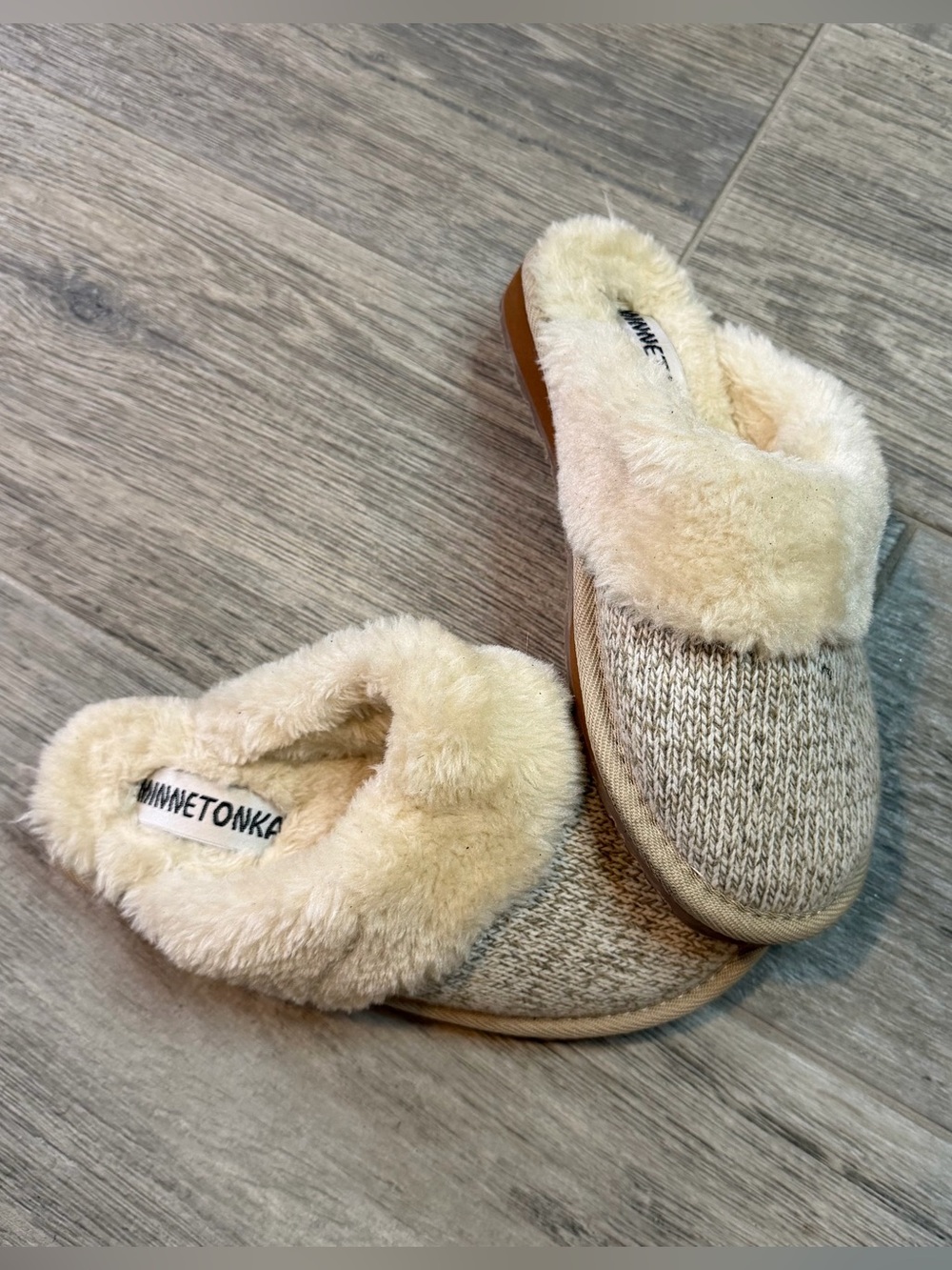 Minnetonka Tweed Knit Fur Lined Scuff Slide Slippers Women’s Sz 6 M Casual Comfy